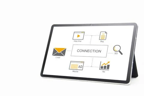 Tablet with a presentation about connection on its screen isolated on a white ba Stock Photos