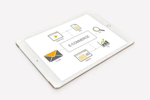 Tablet with a presentation about e-commerce on its screen isolated on a white ba Stock Photos