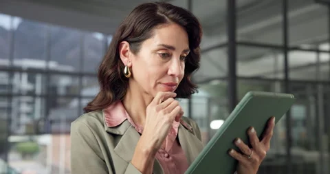 Tablet, problem solving or woman in office for business, risk evaluation or Stock Footage 342330973