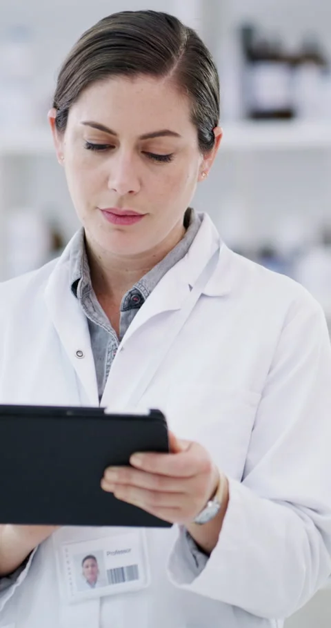 Tablet, professional and scientist in laboratory with research for medical Stock Footage 336737865