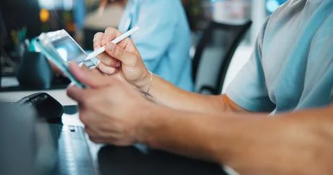 Tablet, programmer and stylus with hands of person in office for game designer Stock Photos