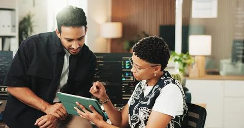 Tablet, programmer and team with business people in office for web develope.. Stock Photos