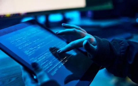 Tablet, programmer hands and html screen for coding software system. cyber Stock Photos