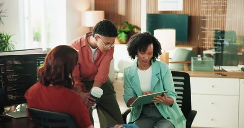 Tablet, programming and business people in office with discussion for website Stock Footage 330068811