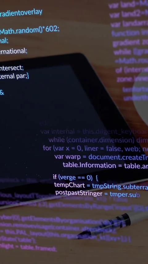 Tablet with programming code and pen on wooden desk, animation showing Stock Footage 319811453