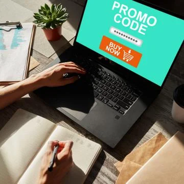 Tablet with promo code field on screen. E-commerce, mobile marketing concept. Foto stock