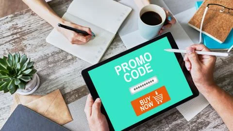 Tablet with promo code field on screen. E-commerce, mobile marketing concept. Foto stock