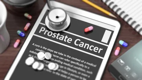 Tablet with "Prostate Cancer" on screen, stethoscope, pills and objects on wo Stock Illustration