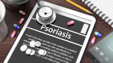 Tablet with "Psoriasis" on screen, stethoscope, pills and objects on wooden d Illustrazione stock