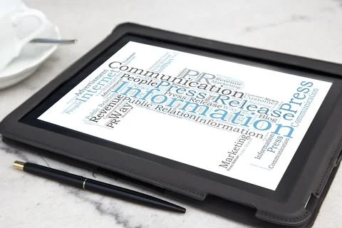 Tablet with publich relation word cloud Stock Photos