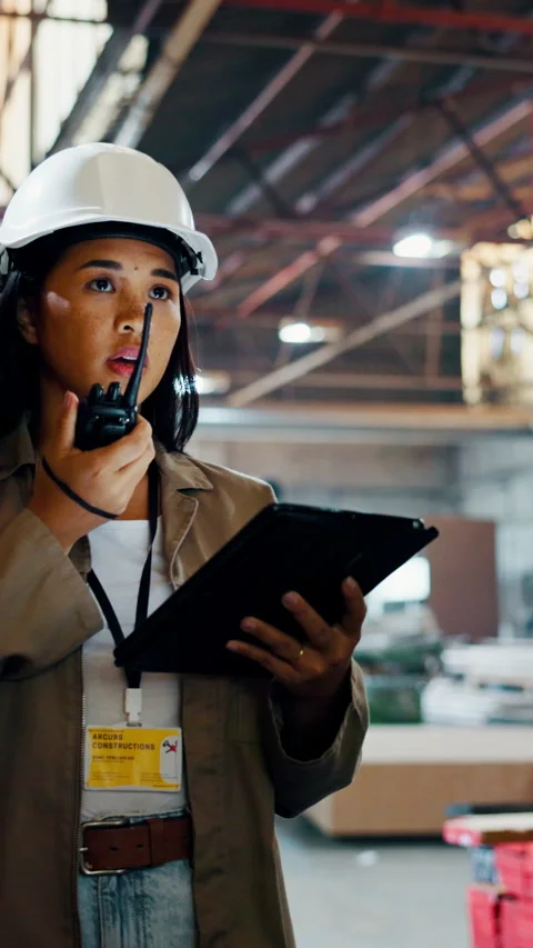 Tablet, radio and construction worker on site for research on repairs, building Stock Footage 340388467