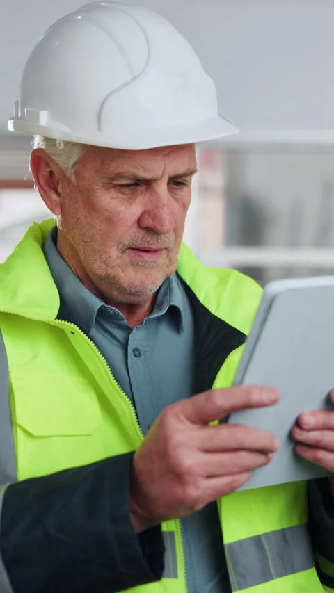 Tablet, reading and construction worker in office for inspection on maintenance Stock Footage 342322040