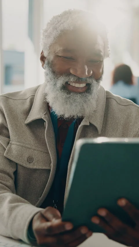 Tablet, reading and happy black man in office for software review, update report Stock Footage 338059901