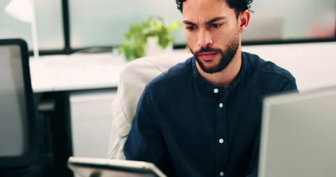 Tablet, reading and man with computer in office, testing and software backup for Video stock 336239000