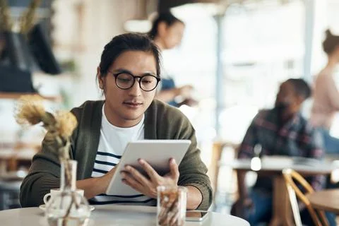 Tablet, reading and scroll with man in cafe for research, blog editor and m.. Stock-Fotos