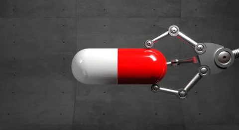 Tablet red capsule in robot hand background Stock Illustration