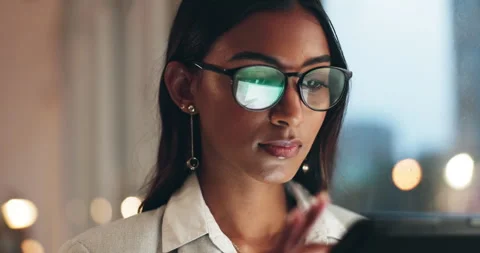 Tablet, reflection and woman at work with glasses, overtime with planning and Stock Footage 247353189