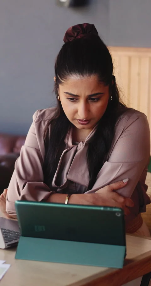 Tablet, remote work and woman in cafe, reading report or blog with creative Stock Footage 331437957