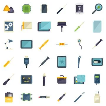 Tablet repair icons set flat vector. Break head 스톡 일러스트