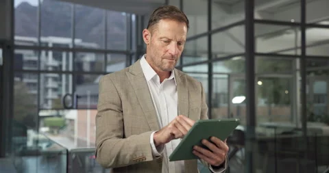 Tablet, research and man in workplace for business, investment portfolio or Stock Footage 342336004