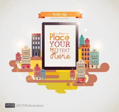 Tablet with retro city background Stock Illustration