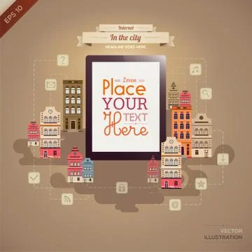 Tablet with retro city background Stock Illustration
