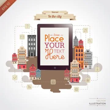 Tablet with retro city background Stock Illustration