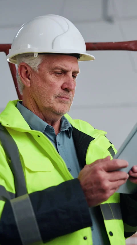 Tablet, scaffolding and construction worker in office for research on Stock Footage 342325107