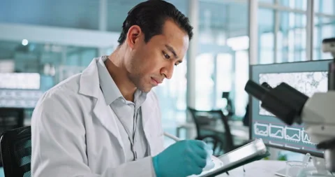Tablet, science and man writing research for medical test, pharma or scroll for 스톡 동영상 305038499