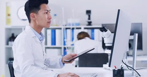 Tablet, scientist or computer in medical lab, research biotech innovation o.. 写真素材