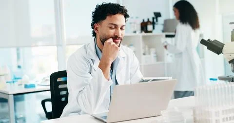 Tablet, scientist problem solving and man in lab for research, vaccine Stock Photos