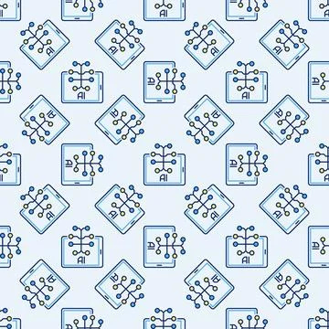 Tablet Screen with AI Brain vector Artificial Intelligence colored Seamless.. Stock Illustration