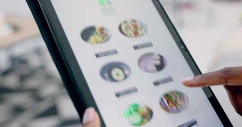 Tablet, screen and hand scroll menu, restaurant website and e commerce with Stock Footage 247539490