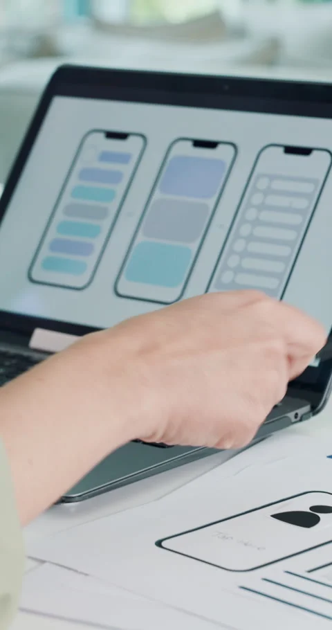 Tablet screen, app development and hands of person planning for mobile prototype Stock Footage 319734347