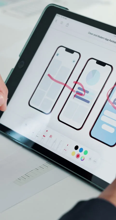 Tablet screen, app development and hands of designer in office for mobile Stock Footage 319734461