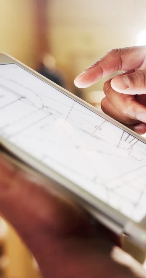 Tablet screen, blueprint and hands of construction worker on site for renovation Video stock 340759010