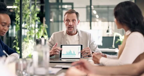 Tablet screen, businessman or presentation with team, data projection or sales Stock Footage 343165704