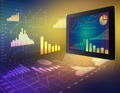 Tablet with screen chart on abstract background graphics Illustrazione stock