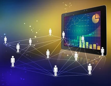 Tablet with screen chart and people network connected Illustrazione stock
