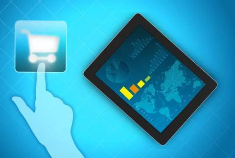 Tablet screen chart, world map and hand pressed a finger on the icon cart Stock-Illustration