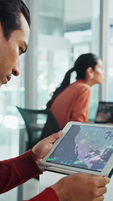 Tablet screen, computer and businessman in office with research for weather Stock Footage 335358790