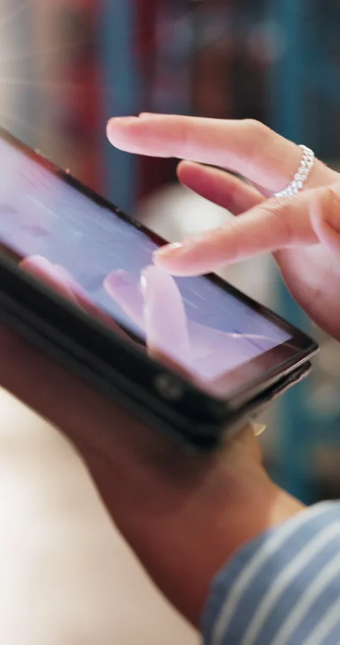 Tablet screen, data and hands in warehouse for shipping, logistics pricing or Stock Footage 334018159