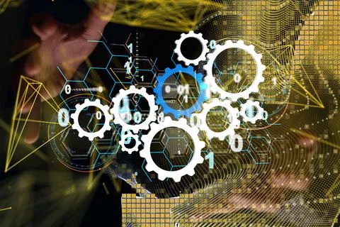 Tablet screen with a digital render of gears and binary code Stock Photos