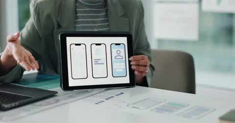 Tablet screen, discussion and hands of businesswoman in office with prototype Stock Footage 318206266
