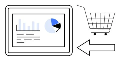 Tablet screen displaying bar and pie charts and text data. Shopping cart on s Stock Illustration