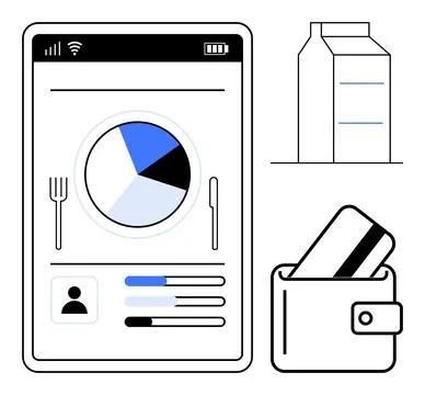 Tablet screen displaying nutritional data with pie chart, health stats, milk  Stock Illustration
