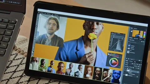 Tablet Screen Displaying Photo Editing Software with Video Tutorial Stock Footage 347664498