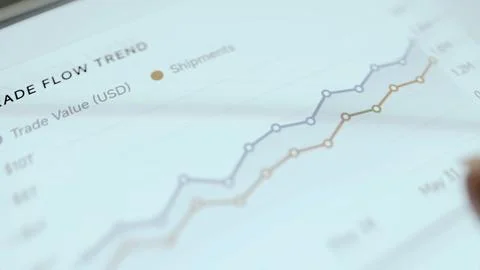 Tablet screen displays two ascending trade flow lines Stock Photos