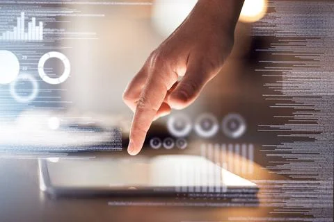 Tablet screen, hand or coding abstract in night office for data analytics, chart Stock Photos