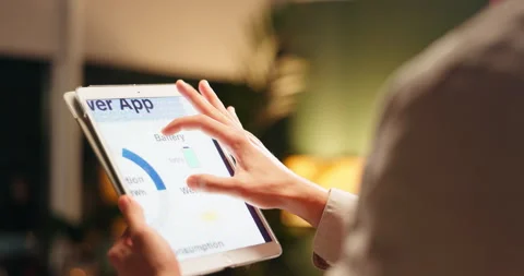 Tablet screen, hands and engineer with data, information or scroll app for solar Stock Footage 277003063